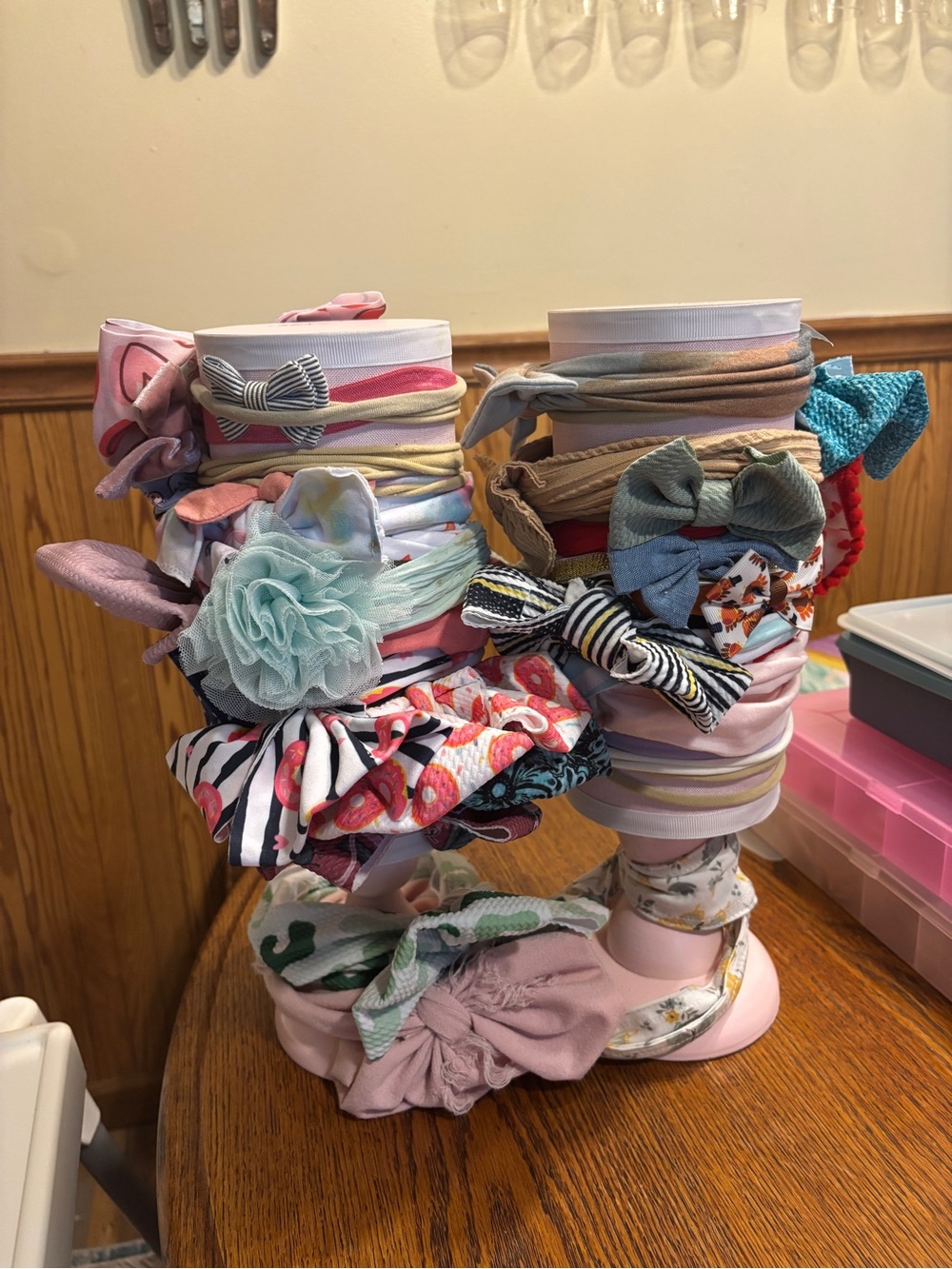 Lot of 35+ baby girl headbands and the two stands